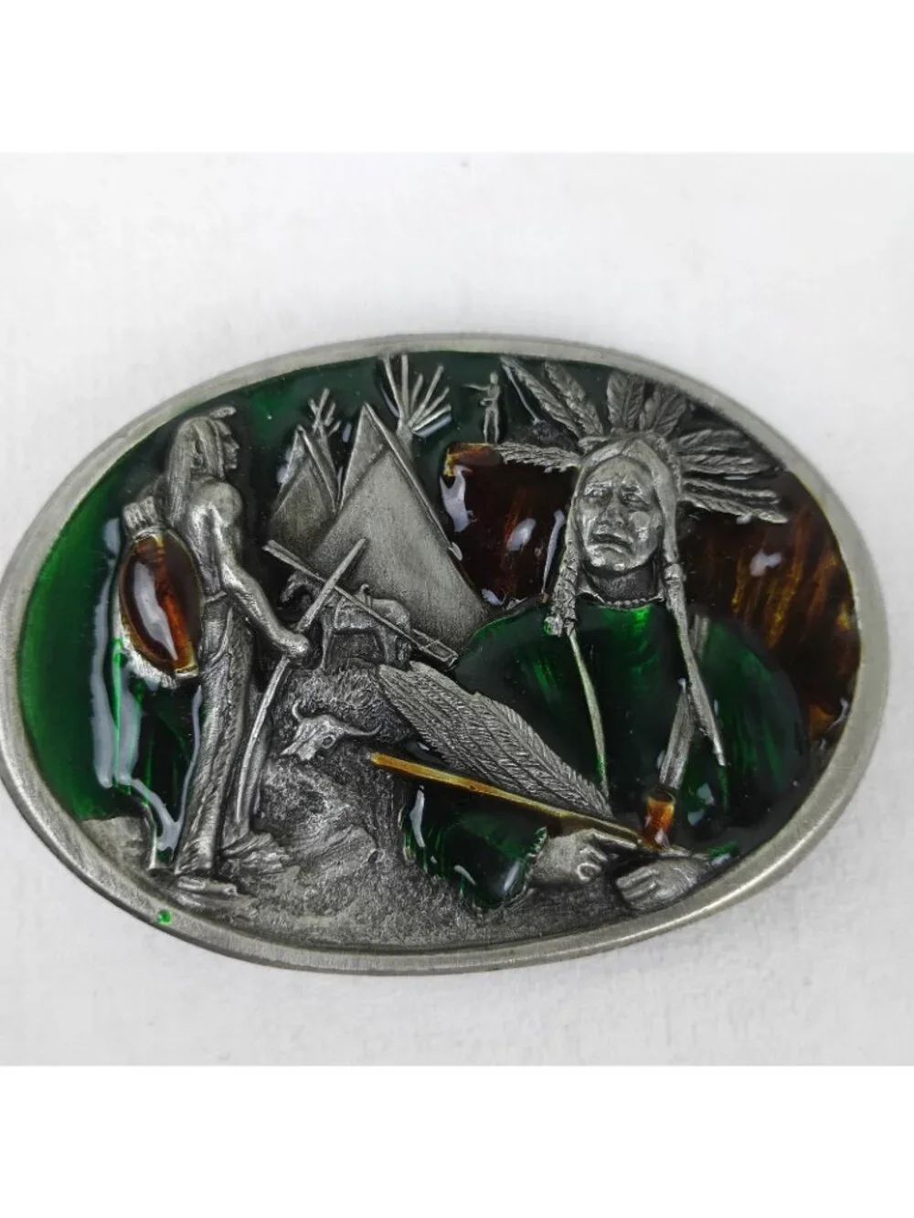 Vintage Bergamot Brass Works Belt Buckle Native Americans 1984 USA Enamel Pewter